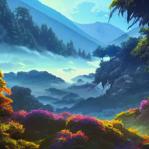 Image similar to mountains, sun, water, japan, anime style art, soft, concept art, intricate details, highly detailed, colorful, photorealistic, disney pixar, octane render, iridescent, anime, 8 k