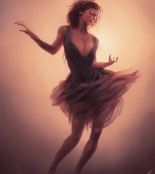 Prompt: Portrait of woman dancing, in the apocalyptic sunrise, countryside, dimly lit, wispy smoke, intricate, highly detailed, digital painting, artstation, concept art, sharp focus, illustration, art by manara