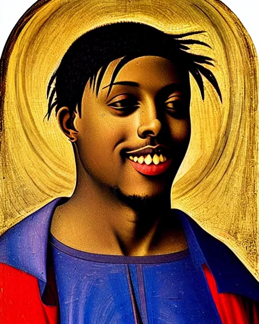 Image similar to rapper juice wrld legend rockstar smiling with medium dreadlocks by fra angelico renaissance painting