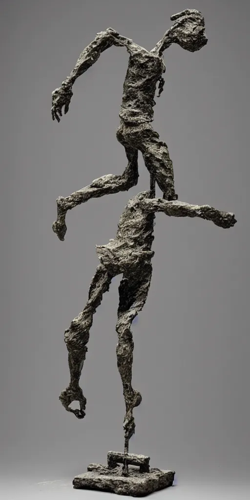 Image similar to sculpture of a cowering man, in the style of alberto giacometti