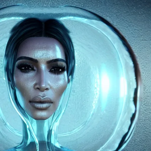 Image similar to epic still of a kim kardashian with trapped in a transparent alien liquid, wet flowing hair, gooey skin, illustration, unreal engine 5, 8 k, made by h. r. giger