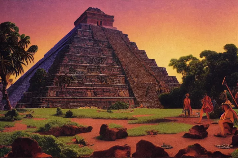 Prompt: painting of a the aztec pyramids, jungle, sunset, chill, romantic, by ludwig deutsch and maxfield parrish, patterned tilework, extremely detailed, cinematic lighting, smooth sharp focus