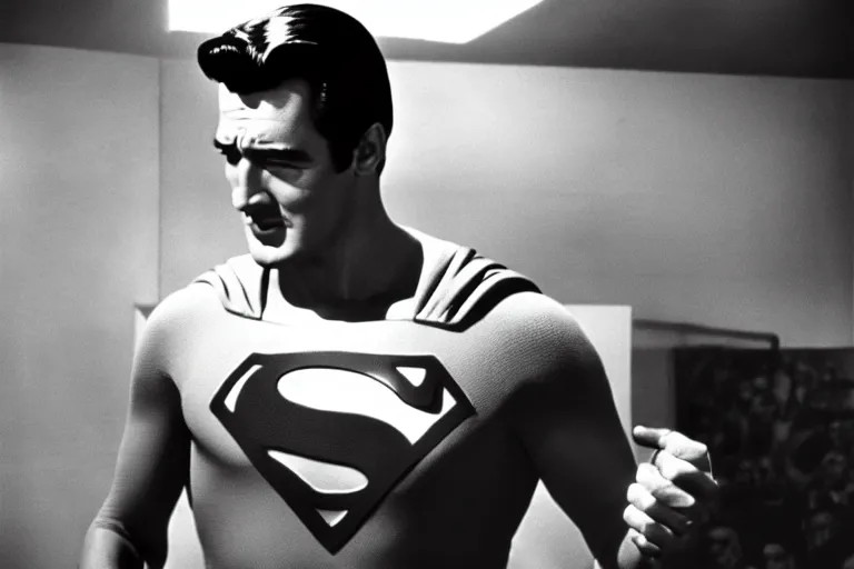 Image similar to rock hudson playing superman in, superhero, dynamic, 3 5 mm lens, heroic, studio lighting, in colour