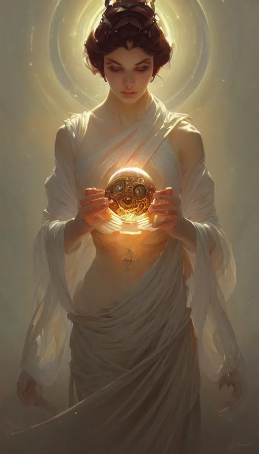 Image similar to a mechanical orb, religious, elegant, intricate, digital painting, artstation, concept art, smooth, sharp focus, illustration, art by artgerm and greg rutkowski and alphonse mucha, no people