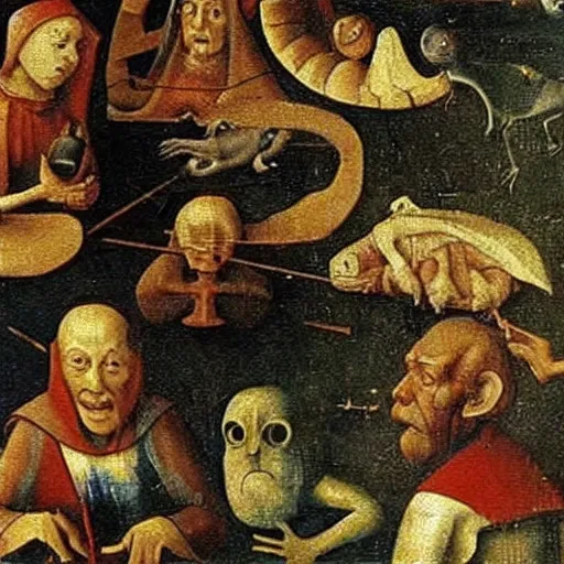 Prompt: a detailed zoom on a hieronymus bosch oil painting