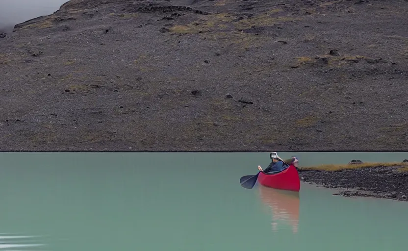 Prompt: canoeing through a lake in iceland, moody, cinematic, fpv, muted colors, glaciers, ice, water