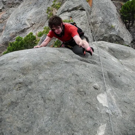 Image similar to Talgart climbing dangerous boulder and licking top.