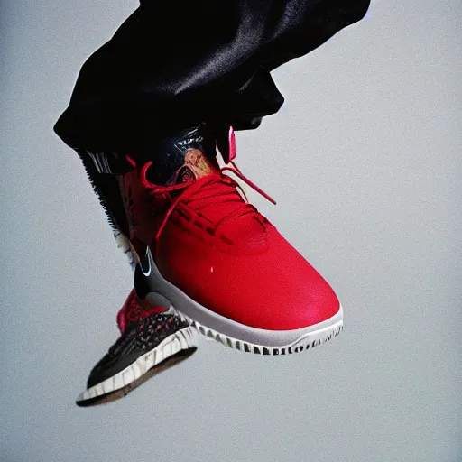 Image similar to a studio photoshoot of A Nike sneaker designed by Jerry Lorenzo, Fear or God, realistic, color film photography by Tlyer Mitchell, 35 mm, graflex