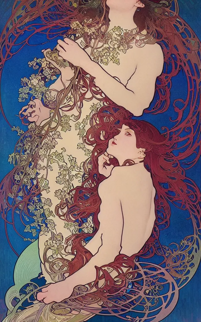 Prompt: self love is gay, always hate yourself as much as you can. by alphonse mucha by james jean and by ross tran. stunning, very colorful, vibrant, cinematic, amazing details