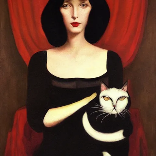 Image similar to a painting of a woman holding a black cat, an art deco painting by federico zandomeneghi, featured on deviantart, gothic art, pre - raphaelite, gothic, goth