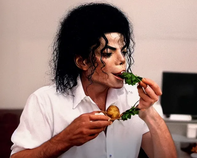 Prompt: photo still of michael jackson eating a potato on a computer, 8 k, live concert lighting, mid shot