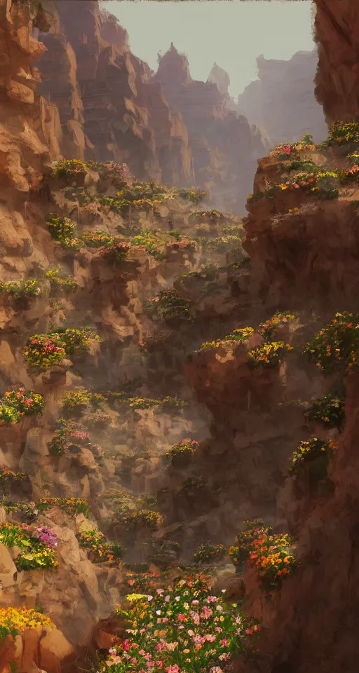 Image similar to canyon, ground filled with flowers, camel traders walking through, artstation