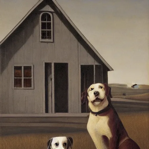 Prompt: two dogs portrait in front of a farmland, grant wood, american gothic from grant wood style