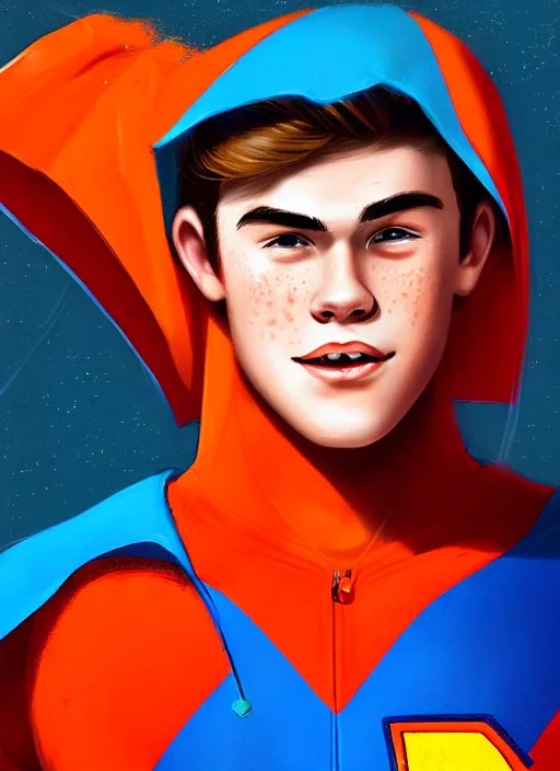 Image similar to friendly teenage archie andrews wearing an orange superhero costume with heart logo, heart, freckles, blue cape, heart emblem on chest, blue cape, intricate, elegant, glowing lights, highly detailed, digital painting, artstation, sharp focus, illustration, art by wlop, mars ravelo and greg rutkowski