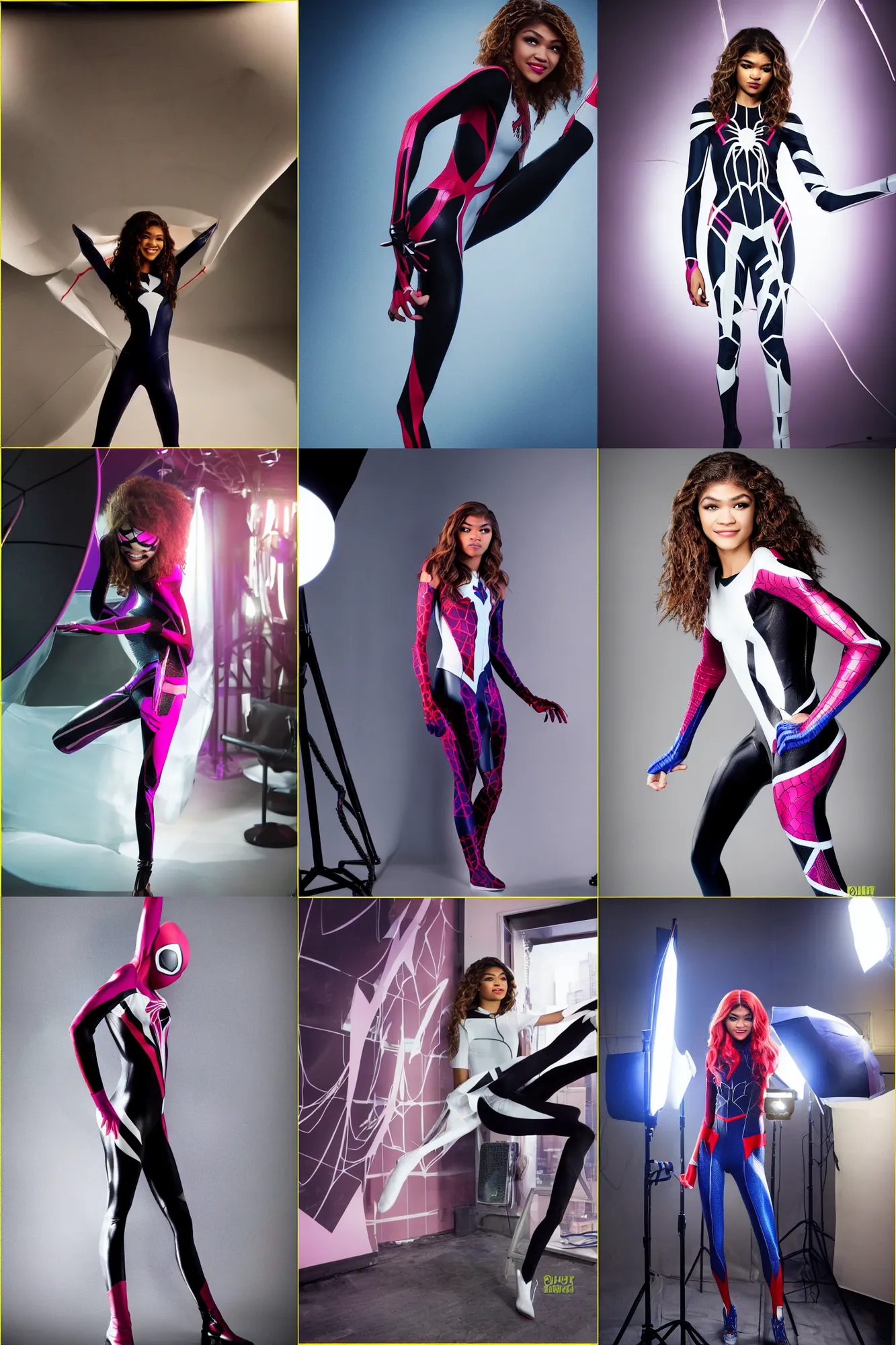 Prompt: Zendaya is Spider gwen promo shoot, studio lighting