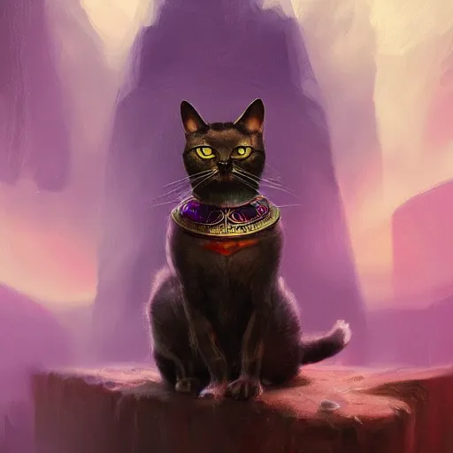 Image similar to masterpiece digital painting of a cat, focus on the face, visible face, heavy black obsidian armor, chaotic ruby inlays, large cape, by kev walker and greg rutkowski, atmospheric fog effects background, purple sparkles, artstation, deviantart, full body view, cinematic lights