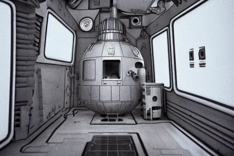 Prompt: small personnel quarters inside rocket ship with gray metallic factory engine walls and small window looking into space, details, sharp focus, intricate, high definition, movie set, retro, 1970s, 1980s, sci-fi, digital Art, 3D, realistic photograph, lucasfilm, stanely kubrick