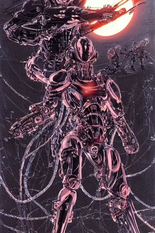 Prompt: powerful biomechanical soldier enhanced using a nanosuit with artificial muscles under the armor plating, at dusk, a color cover illustration by tsutomu nihei, tetsuo hara and katsuhiro otomo