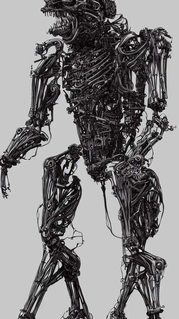 Prompt: highly detailed full body sketch of a biomechanical automaton, grotesque, bizarr, fleshy, digital art, concept art, character art, studio lightning, dark colors, intricate, masterpiece, photorealistic, hiperrealistic, sharp focus, high contrast, Unreal Engine 5