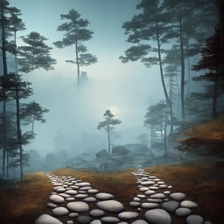 Prompt: surrealist abstract art of a stone path leading to the horizon through giant pine forests down a rocky mountain coast towards a majestic sunset. atmospheric foggy landscape, soft tones, psychedelic, ultra realistic, concept art, modern art, photorealistic, octane render.