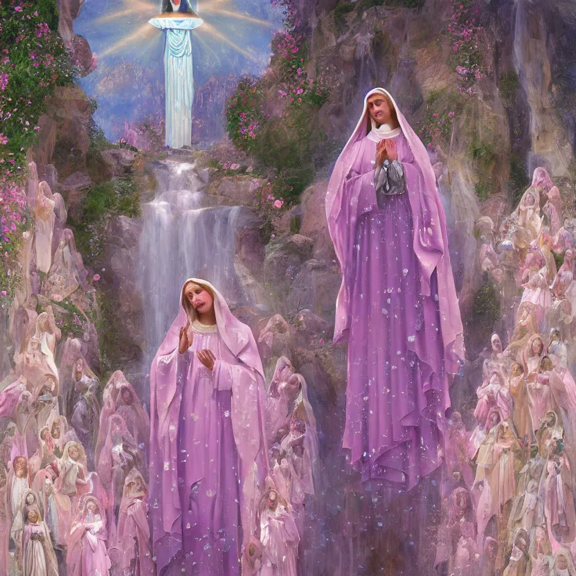 Image similar to virgin mary, our lady of lourdes, blessed mother in front of a pink waterfall with ribbons and angels in clouds. highly detailed digital art. beautiful lighting. trending on artstation. art style by klimt and nixeu and ian sprigger and wlop and krenz cushart