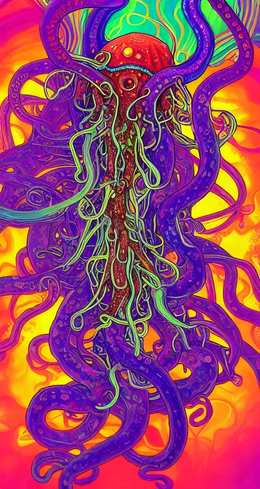 Prompt: An extremely psychedelic abstract illustration of octapus with colorful glowing tentacles, colorful, surreal, dramatic lighting, magic mushrooms, psilocybin, LSD, detailed, intricate, elegant, highly detailed, digital painting, artstation, concept art, smooth, sharp focus, illustration, art by Krenz Cushart and Artem Demura and alphonse mucha, unreal engine 5 render, 8k