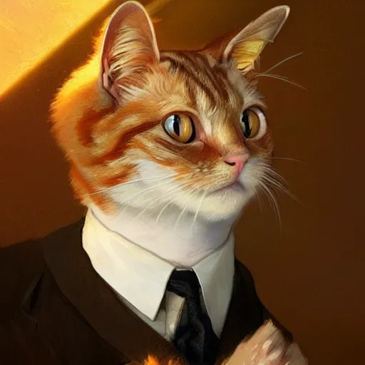 Image similar to ginger cat in a business suit, artists portrait, fantasy, highly detailed, digital painting, concept art, sharp focus, depth of field blur, illustration, art by artgerm and greg rutkowski and alphonse mucha
