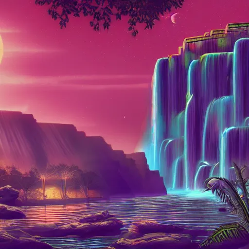 Image similar to old babylonian structure with waterfalls, retrowave epic art, trending on art station