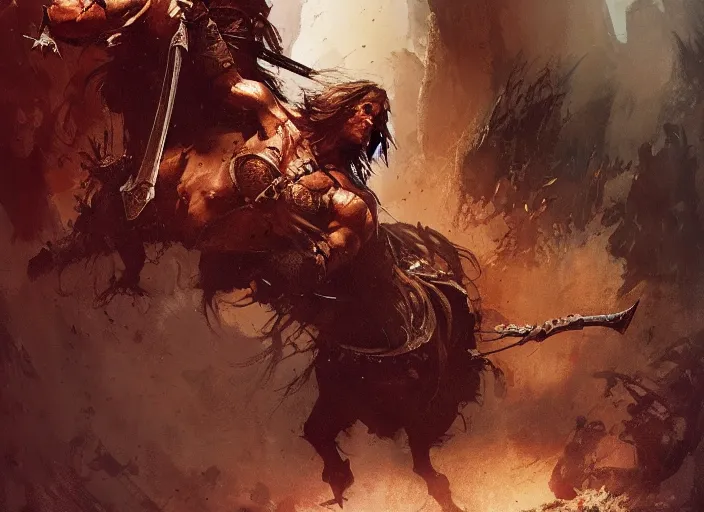 Image similar to conan the barbarian, intricate, elegant, highly detailed, vivid colors, john park, frazetta, sparth, ruan jia, jeffrey catherine jones