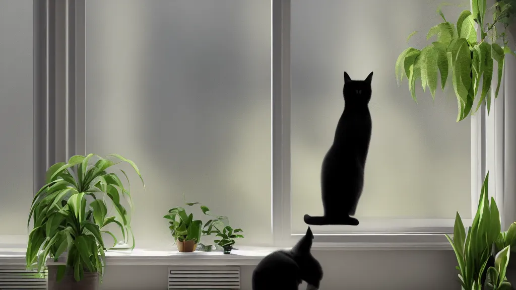 Prompt: peaceful dreamy painting of a black cat sitting by a window and looking outside, sunshine coming through the window, small plants on the window sill, 8k, hyper realism, trending on artstation, octane render