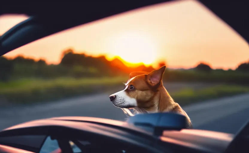 Image similar to a dog is looking out of a driving car window at sunset