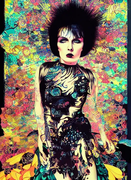 Image similar to cute punk goth fashion fractal young Debbie Harry posing by Zhang Jingna, punk poster art by Victor Moscoso Dan Mumford Kilian Eng Hannah Jeffrey Smith Rick Griffin Alphonse Mucha Gustav Klimt Ayami Kojima Amano Charlie Bowater