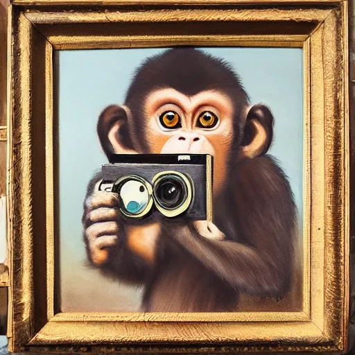 Prompt: Portrait of a monkey holding a camera, oil painting