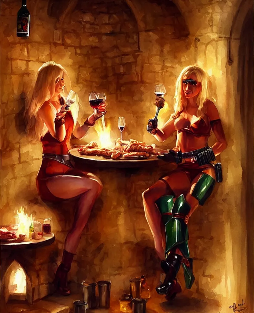 Prompt: blonde hot woman in wine cellar,! boba fett!, drinking beer, eating meat, cozy, inviting, atmospheric, torches on the wall, watercolor by vladimir volegov