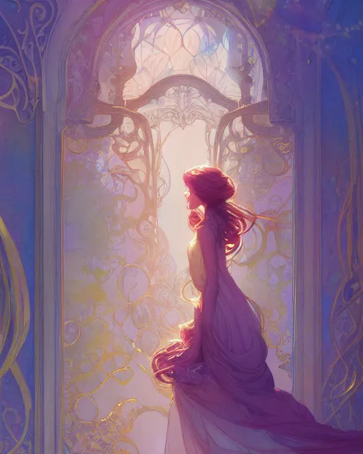 Image similar to secret romance, highly detailed, gold filigree, romantic storybook fantasy, soft cinematic lighting, award, disney concept art watercolor illustration by mandy jurgens and alphonse mucha and alena aenami, pastel color palette, featured on artstation