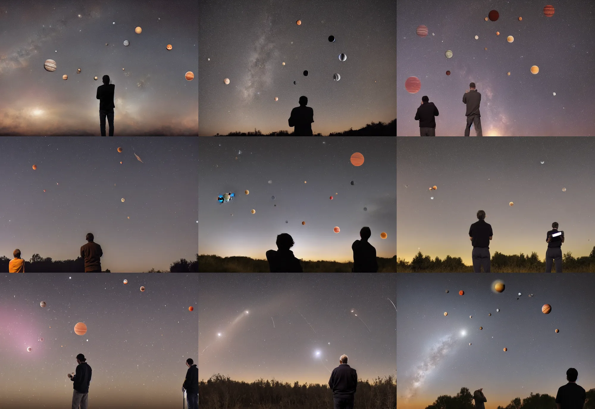 Prompt: man looking at the detailed pattern of very much planets on the dark sky
