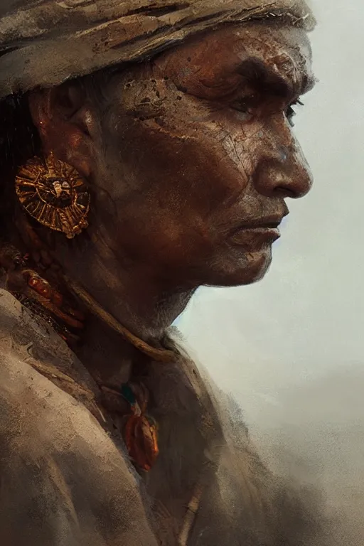 Image similar to aztec citizen, close - up portrait, poor, intricate, elegant, volumetric lighting, scenery, digital painting, highly detailed, artstation, sharp focus, illustration, concept art, ruan jia, steve mccurry