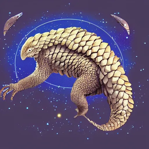 Prompt: an alien cyborg pangolin, digital art, highly detailed, fantasy, space background