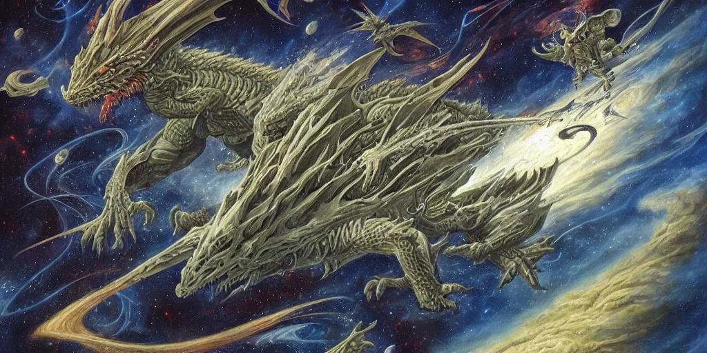 Prompt: a dragon flying in outer space, Dan Seagrave art