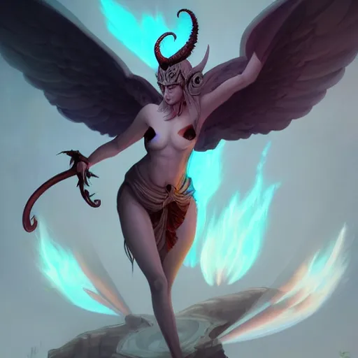 Image similar to detailed illustration of a fallen angel tiefling mythical creature by peter mohrbacher trending on artstation, highly detailed illustration