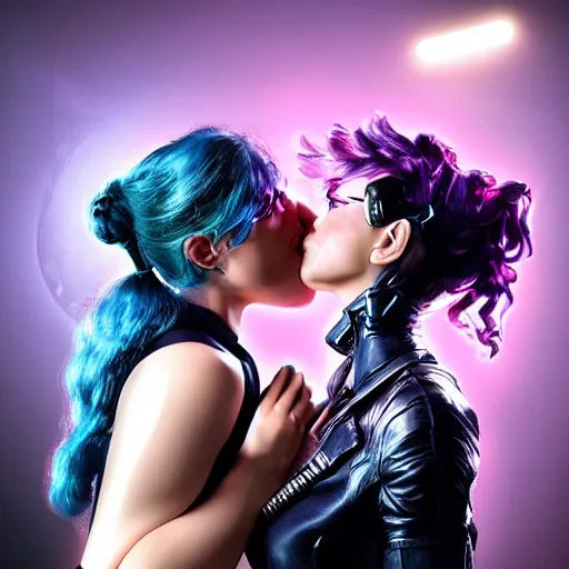 Prompt: rococo cyberpunk cyborg women kissing, hyper realistic, trending on artstation, cinematic lighting-n9