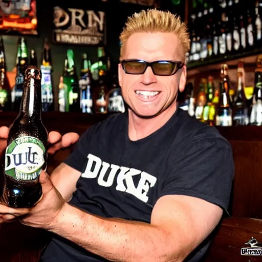 Prompt: Photo of a Duke Nukem sitting with bottle of beer at Irish Pub