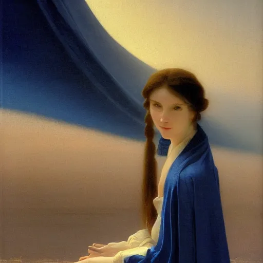 Image similar to a young woman's face, her hair is white and she wears an indigo blue satin cloak, by ivan aivazovsky and syd mead and moebius and gaston bussiere and roger dean and pieter claesz and paul delaroche and alma tadema and aelbert cuyp and willem kalf, hyperrealistic, volumetric light, octane render