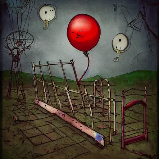 Image similar to grunge painting of a playground with a wide smile and a red balloon by tim burton, loony toons style, pennywise style, corpse bride style, rick and morty style, creepy lighting, horror theme, detailed, elegant, intricate, conceptual