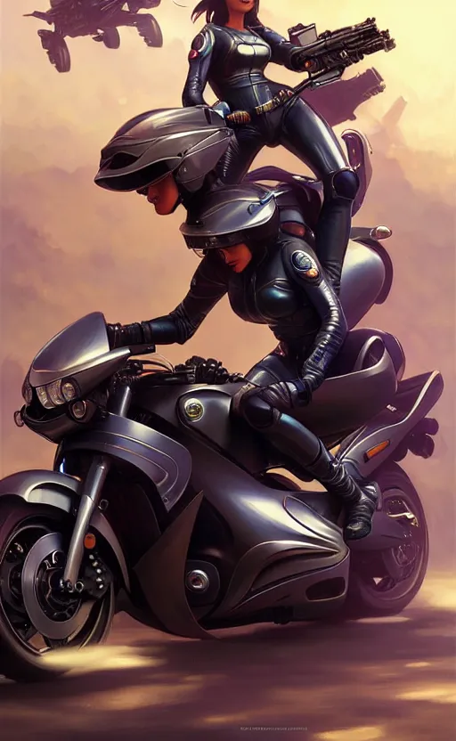 Image similar to Police female riding yamaha motorcycle, sci-fi, highly detailed, digital painting, artstation, concept art, smooth, sharp focus, illustration, art by artgerm and greg rutkowski and alphonse mucha