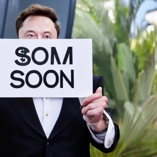 Prompt: a medium shot photograph of elon musk holding a sign with the word SOON SOON SOON SOON' on it, 4k, ultra HD