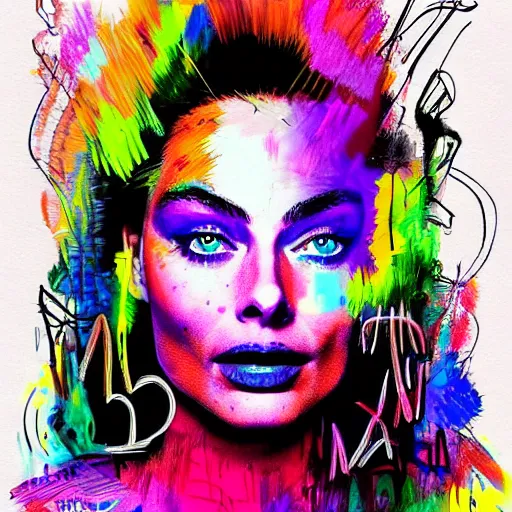 Prompt: a sketch, ultra detailed, colorful, magic, cosmos, beautiful woman, eyes with fire, similar to margot robbie lick chupa chups, surreal, in style of jean - michel basquiat, trending on artstation