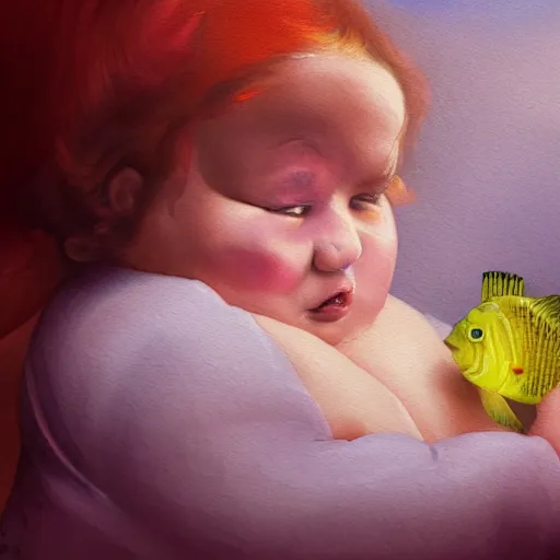 Image similar to a hype realistic oil painting of the most cute little fat girl kissing a huge colorful cute fish. hype realistic scene. old photography style. studio lighting. window. 3 d, octane render, deep focus, fashion style, white scene. very funny and sweet art. unreal engine. watercolor. fellini style. poster quality. da vinci painting style. illustration.