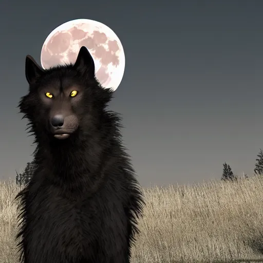 Prompt: female werewolf at night with black realistic fur, under the moon, ultra detail, unreal engine, 8 k