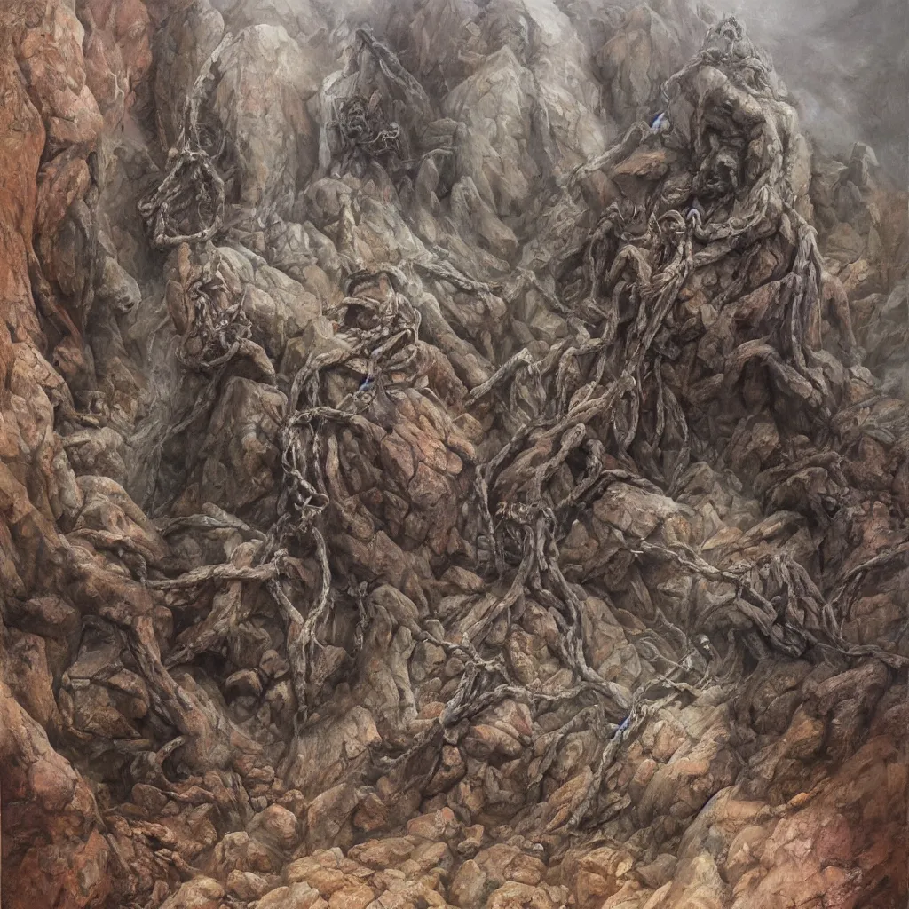 Prompt: oil painting of donald trump shackled to a giant stone letter q, painted by dan seagrave, wayne barlowe and zdzisław beksinski, front and center, intricate detail